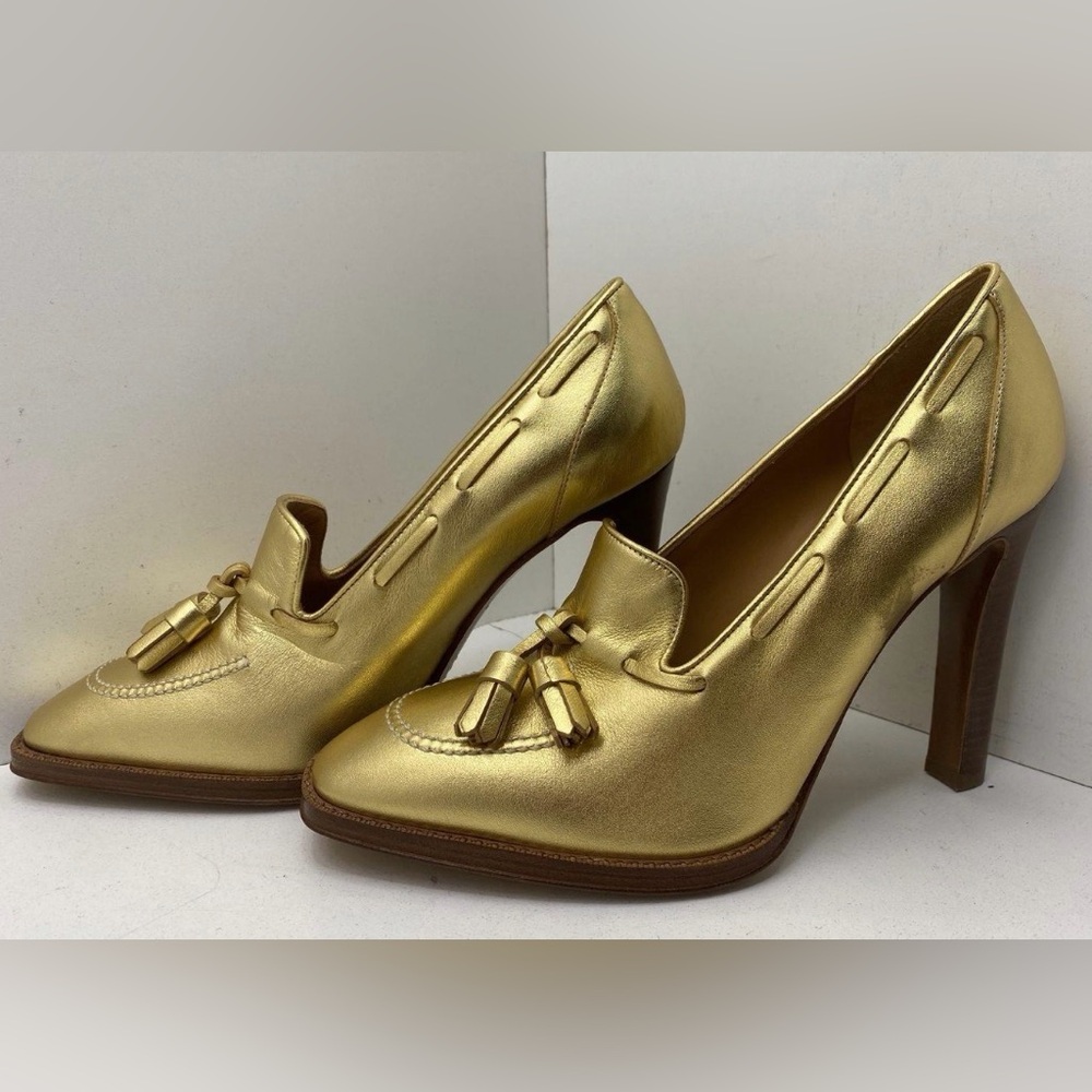 Ralph Lauren Vayden Gold Metallic Nappa Purple Label Tassels loafers